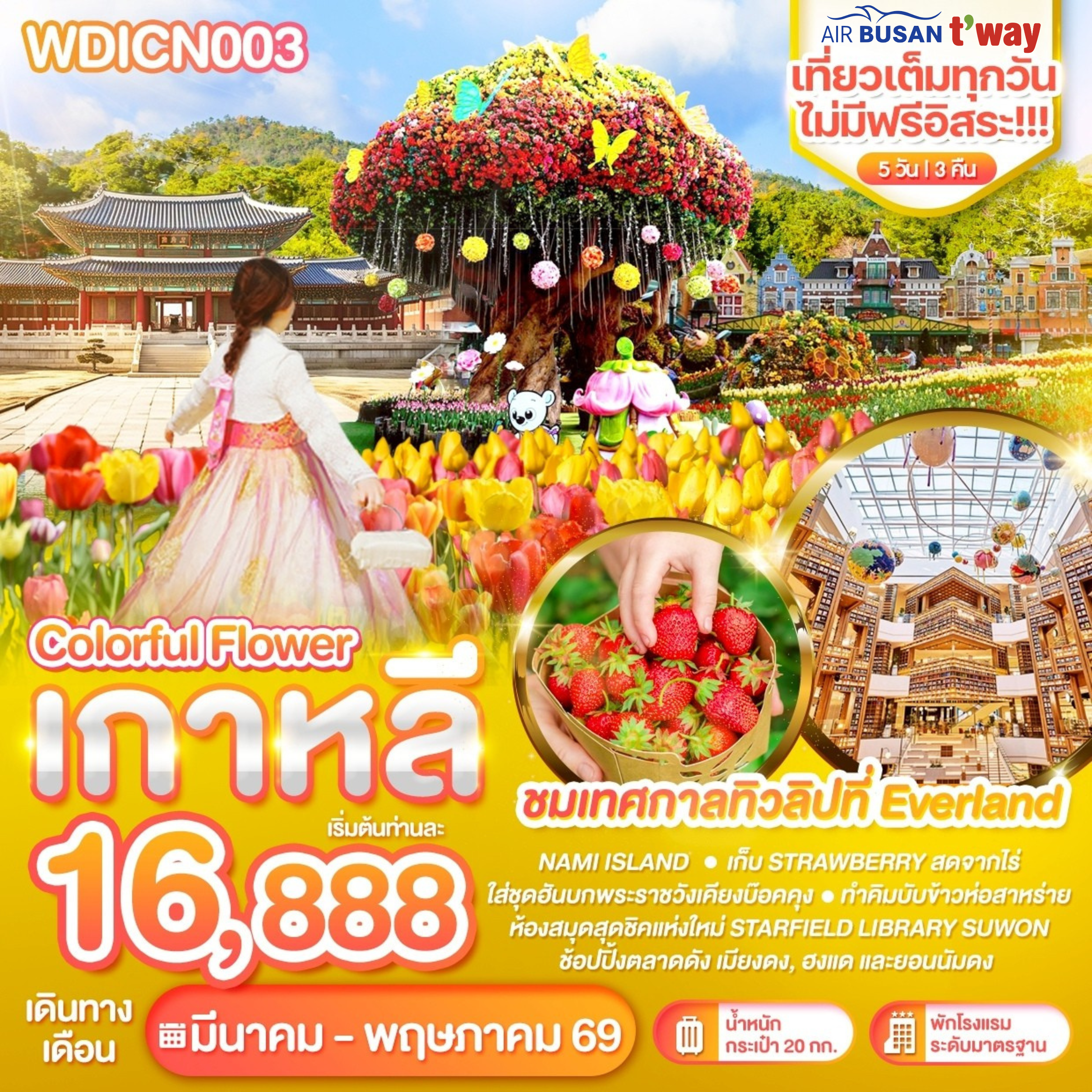 WDICN003 เกาหลี Colorful flower เที่ยวเต็มไม่มีฟรีอิสระ 5วัน บิน BX