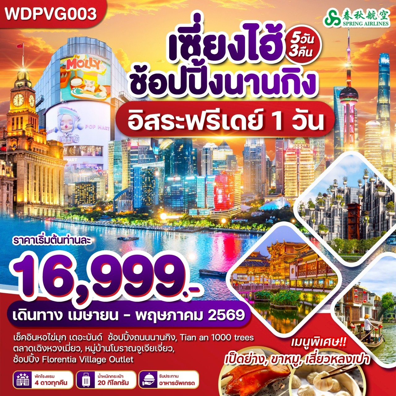 WDPVG003 เซี่ยงไฮ้ ถนนนานกิง FreeDay 5วัน3คืน บิน 9C