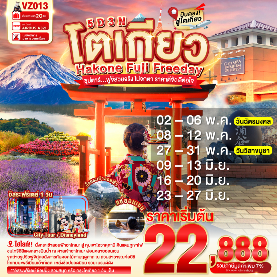 TOKYO HAKONE FUJI FREEDAY 5D 3N BY VZ -- MAY-JUN'26 --- ซุปตาร์...ฟูจิสวยจริง ไม่จกตา ราคาดีจัง ดีต่อใจ