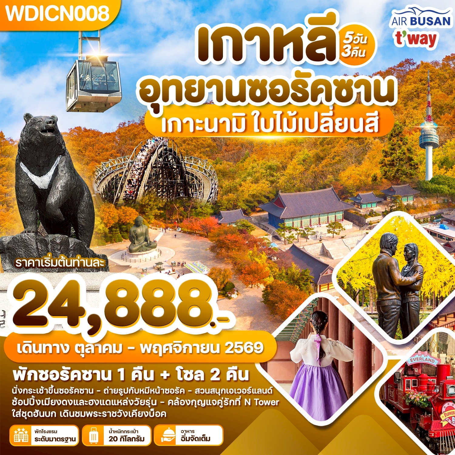 WDICN008 เกาหลี อุทยานซอรัคซาน เกาะนามิ ใบไม้เปลี่ยนสี 5วัน3คืน บิน BX & TW