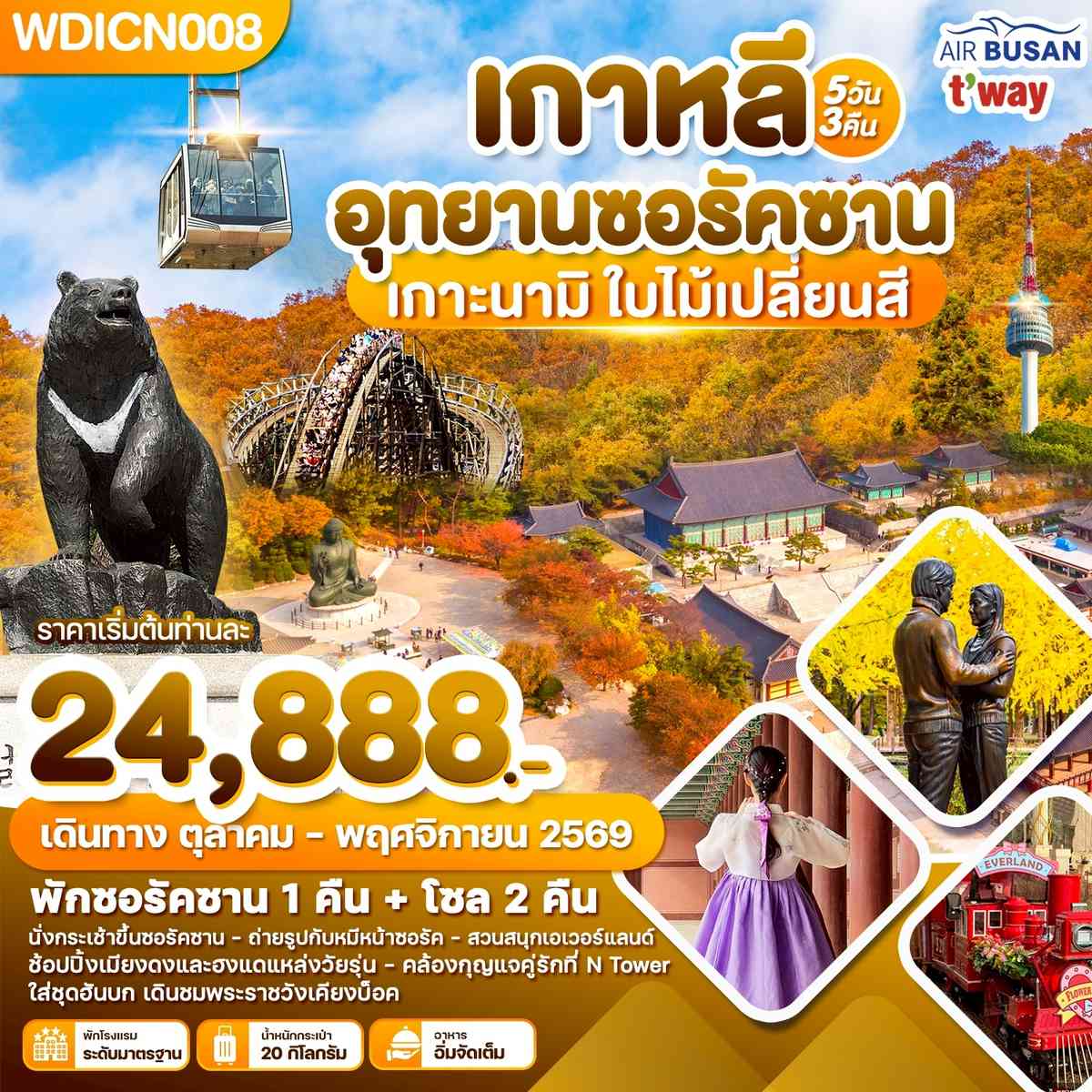 WDICN008 เกาหลี อุทยานซอรัคซาน เกาะนามิ ใบไม้เปลี่ยนสี 5วัน3คืน บิน BX & TW