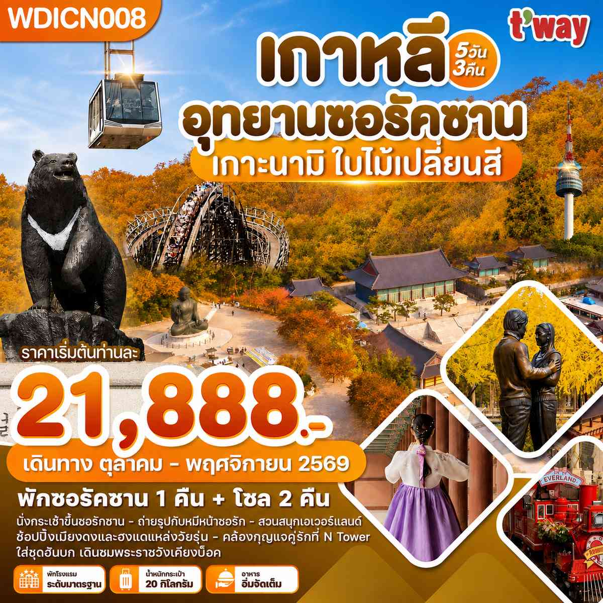 เกาหลี อุทยานซอรัคซาน เกาะนามิ ใบไม้เปลี่ยนสี 5วัน3คืน บิน TW