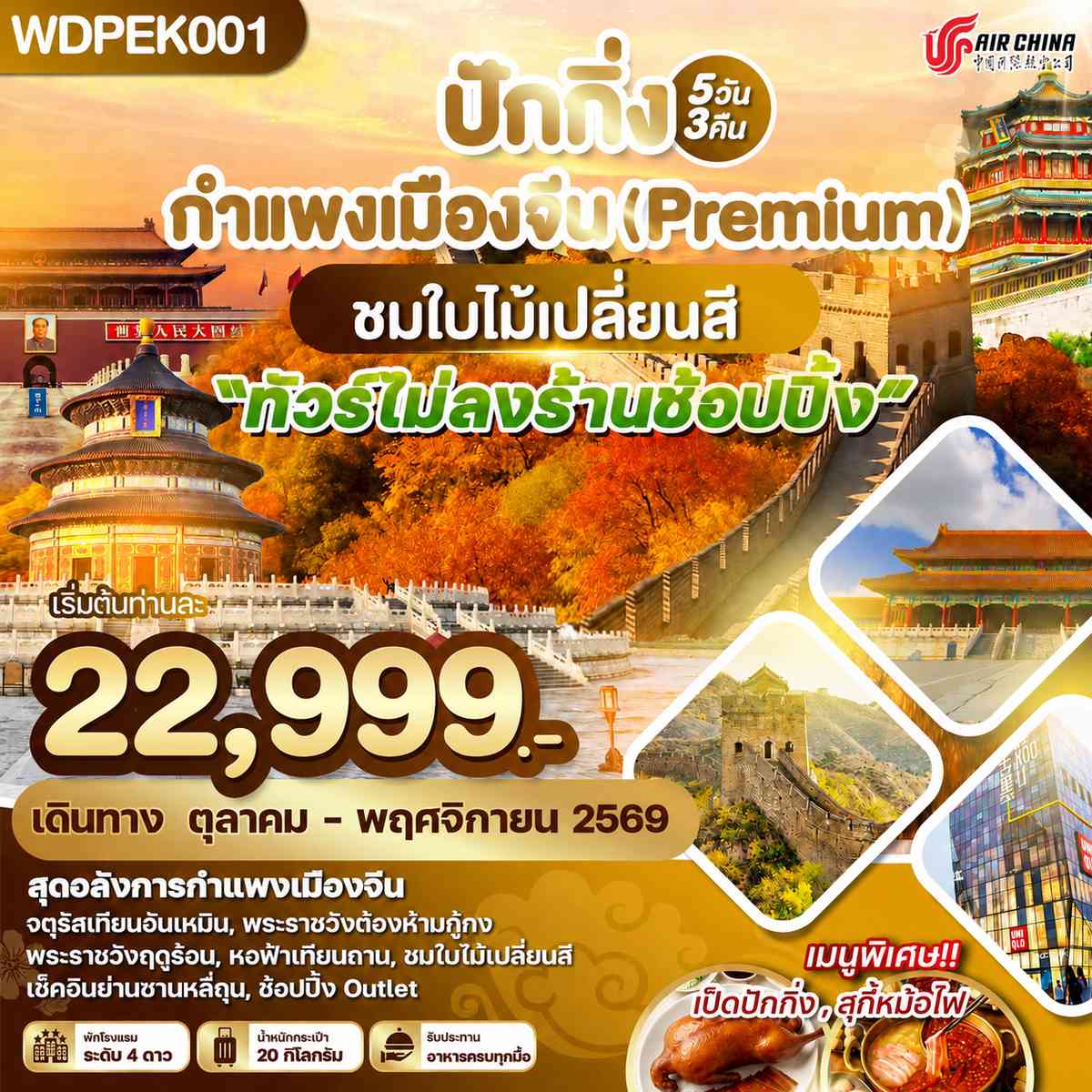 WDPEK001 ปักกิ่ง กำแพงเมืองจีน(Premium) ชมใบไม้เปลี่ยนสี 5วัน 3คืน บิน CA
