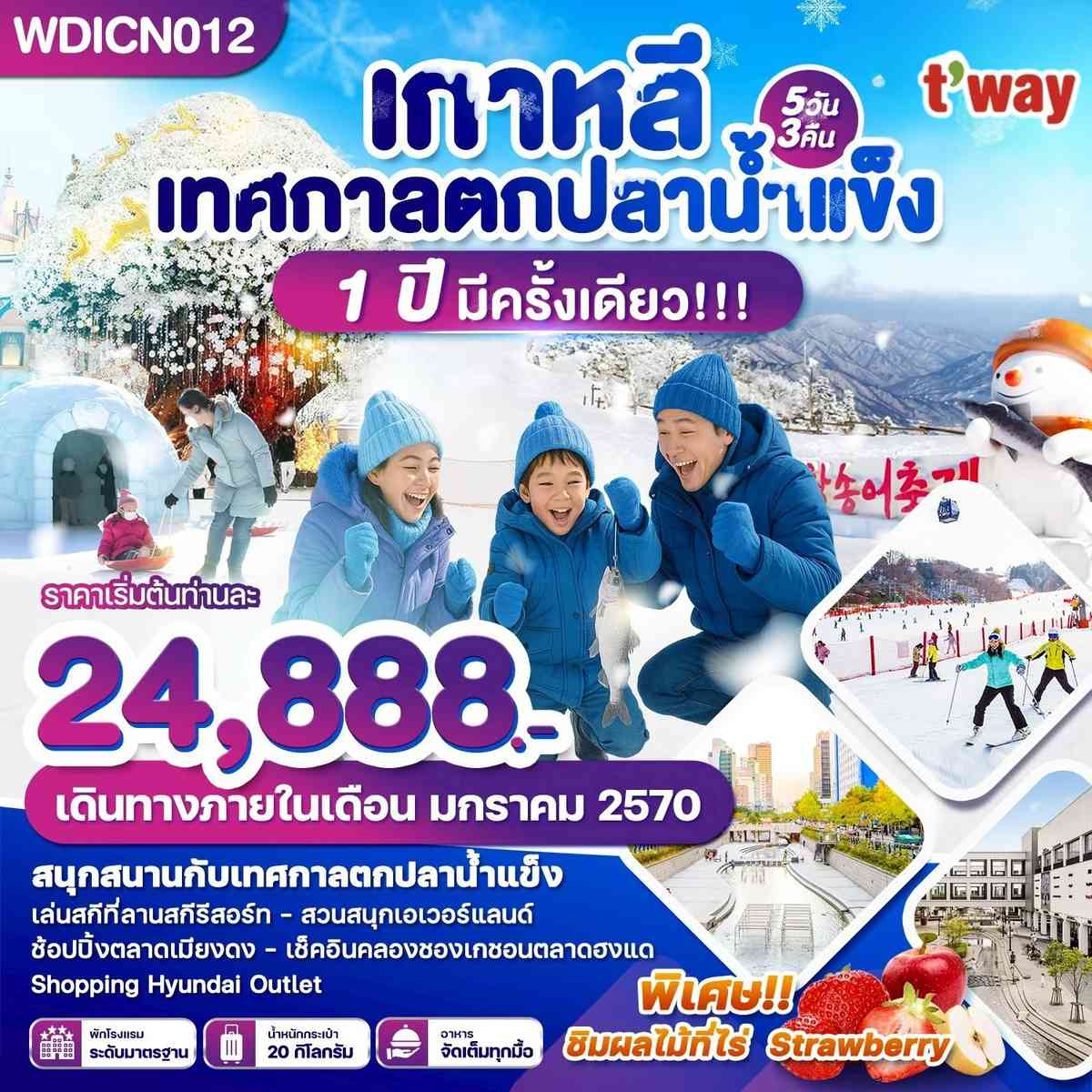 WDICN012 เกาหลี เทศกาลตกปลาน้ำแข็ง 1 ปีมีครั้งเดียว 5วัน3คืน บินTW