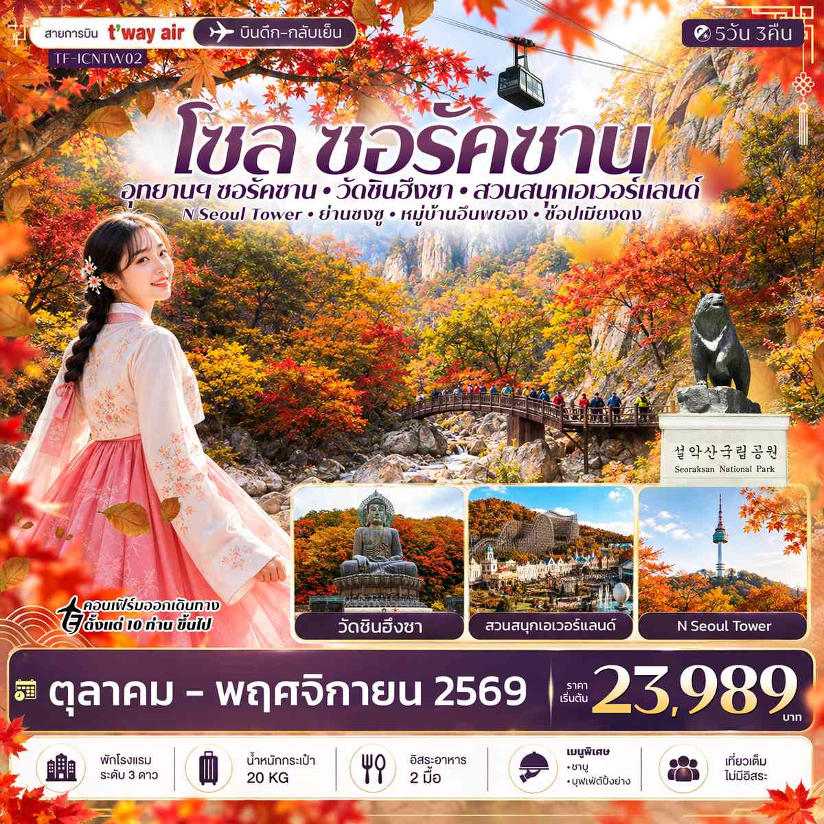 TF-ICNTW02 เกาหลี โซล ซอรัคซาน สวนสนุกเอเวอร์แลนด์ 5วัน 3คืน บิน T’way Air (TW)