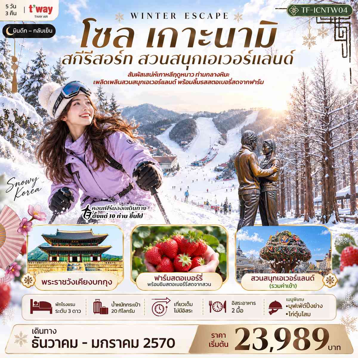 TF-ICNTW04 เกาหลี โซล เกาะนามิ สกีรีสอร์ท เอเวอร์แลนด์ พระราชวังเคียงบกกุง 5วัน 3คืน บิน T’way Air (TW)