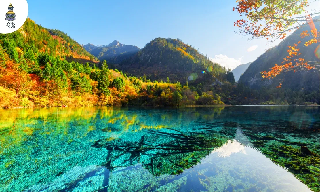 ทัศนียภาพความสวยงามของทะเลสาบห้าดอกไม้ อู่ฮัวไห่ ในอุทยานจิ่วจ้ายโกว