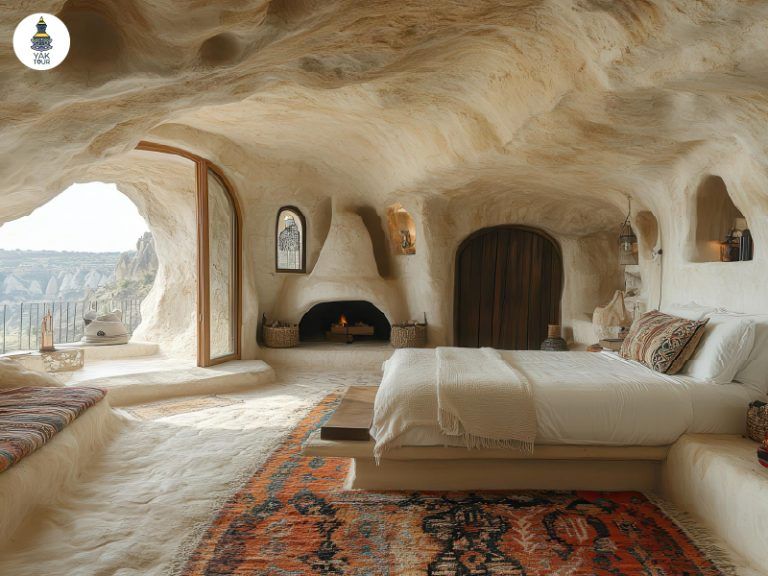 บรรยากาศภายในห้องพักโรงแรมถ้ำที่ตกแต่งอย่างสวยงามและมีเอกลักษณ์ตามสไตล์คัปปาโดเกีย