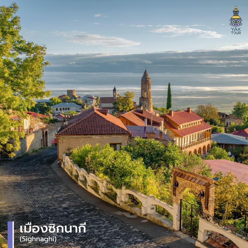 วิวเมืองซิกนากี (Sighnaghi) บนเนินเขาโดดเด่นด้วยบ้านหลังคาสีแดงสไตล์อิตาลีตัดกับทัศนียภาพหุบเขา Alazani