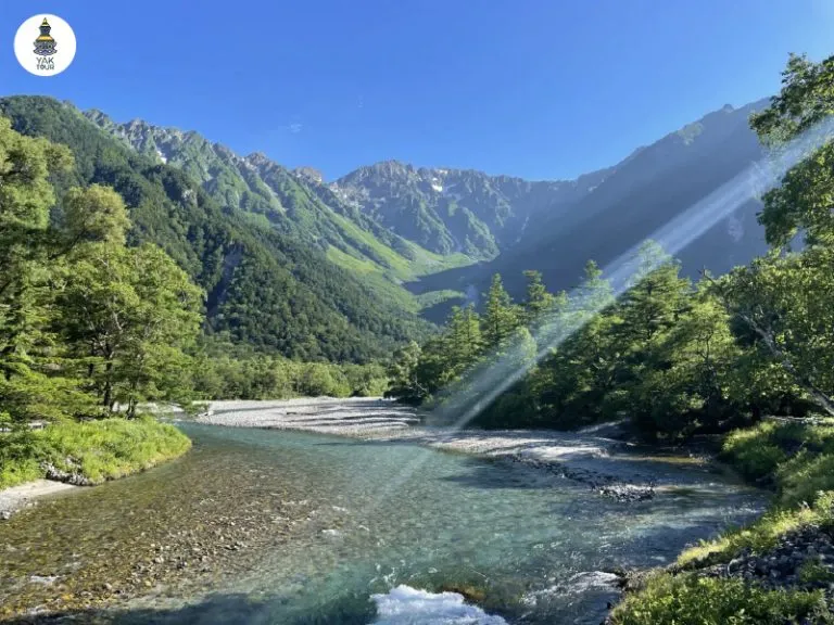 บรรยากาศป่าไม้เขียวขจีริมลำธารใสสะอาดท่ามกลางแสงแดดฤดูร้อนที่คามิโคจิ