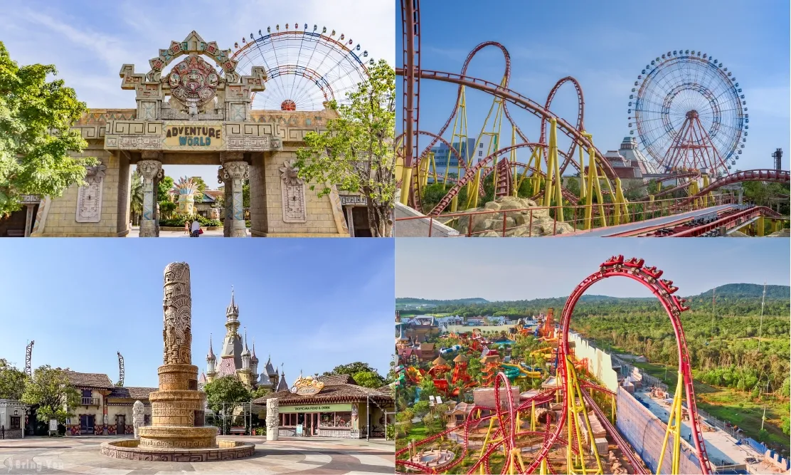 ป้ายทางเข้าโซน Adventure World เครื่องเล่นรถไฟเหาะ Wrath of Zeus ความสูง 50 เมตร และชิงช้าสวรรค์ยักษ์ชมวิวเกาะฟูก๊วก