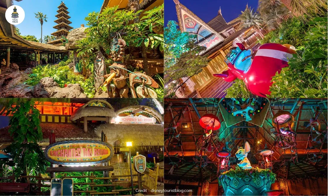 บรรยากาศธีมป่าเขตร้อนและเครื่องเล่น The Enchanted Tiki Room ในโซน Adventureland
