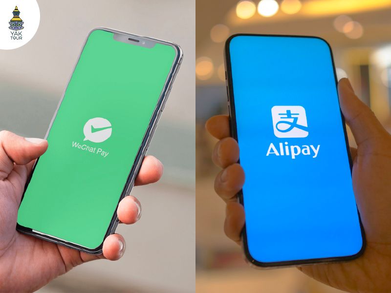 หน้าจอแสดงแอปพลิเคชัน Alipay และ WeChat Pay สำหรับใช้จ่ายเงินในประเทศจีน
