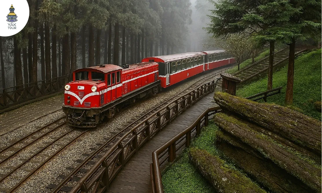 รถไฟโบราณสีแดงวิ่งผ่านป่าสนและทะเลหมอกในอุทยานอาลีซาน เที่ยวไต้หวัน หน้าหนาวพิกัดยอดฮิต