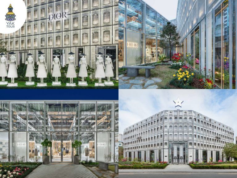 สถาปัตยกรรมอาคารเรือนกระจกสุดล้ำของแบรนด์ Dior ในย่านซองซู แสดงการตกแต่งหน้าร้านที่สวยงามและบรรยากาศสวนดอกไม้ด้านหน้าในมุมมองต่างๆ
