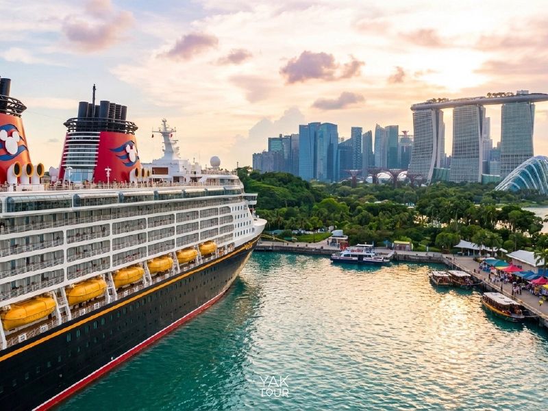 ล่องเรือ Disney Adventure จากสิงคโปร์ เรือสำราญ Disney Cruise Line เทียบท่าพร้อมวิว Marina Bay Sands