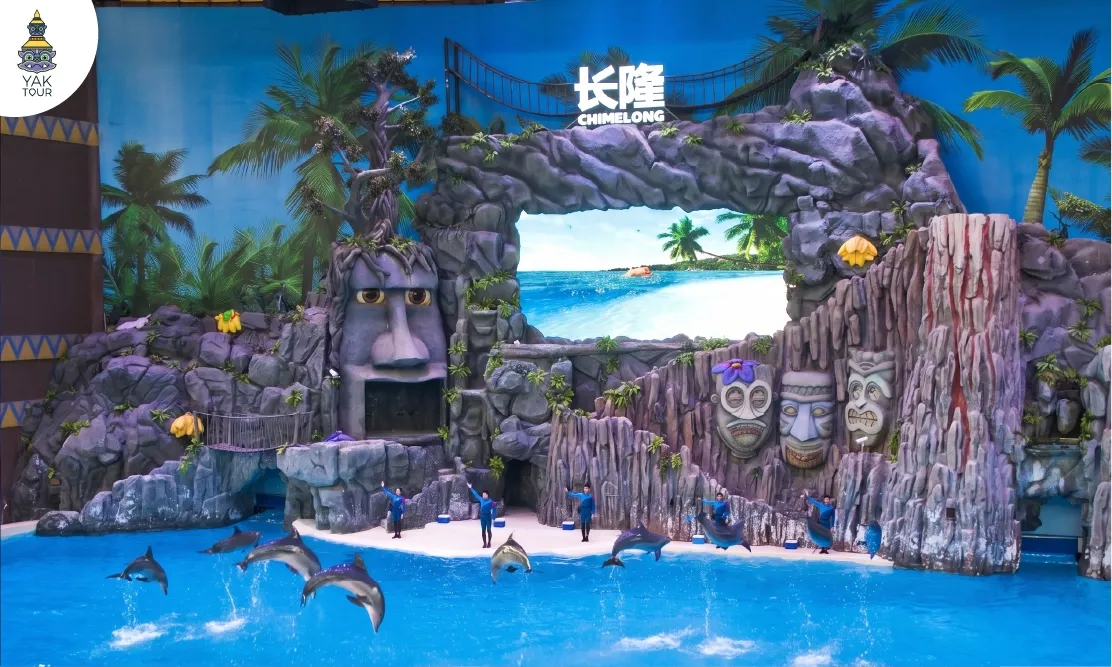 การแสดงโลมาแสนรู้ที่โซน Dolphin Cove สวนสนุกฉางหลง