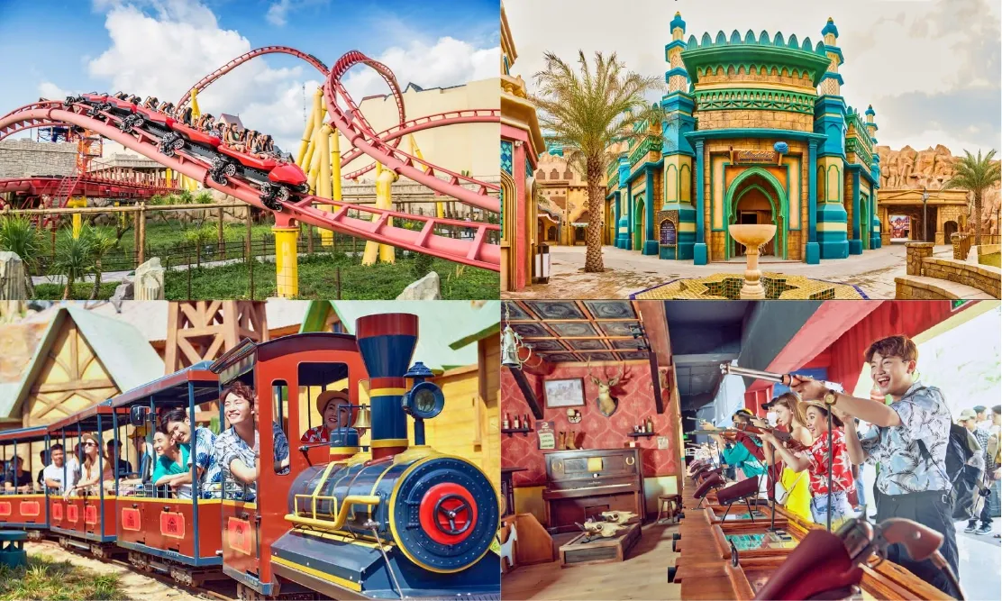 ภาพรวมบรรยากาศดินแดนเทพนิยาย มีปราสาทสีสันสดใส รถไฟนำเที่ยวสุดน่ารัก และเครื่องเล่นยิงปืนในโซน Fantasy World