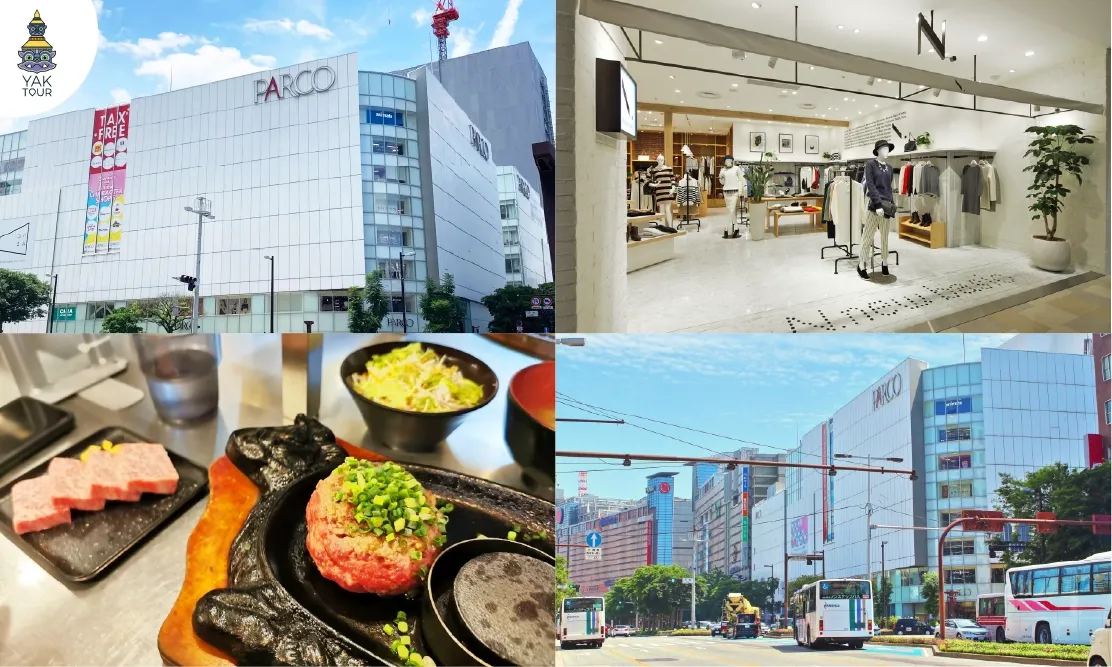 หน้าตึกภายนอกและบรรยากาศร้านค้าแฟชั่นรวมถึงเมนูอาหารยอดฮิตใน ห้างสรรพสินค้าฟุกุโอกะ พาร์โก้ (Fukuoka PARCO)