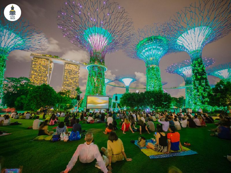 นักท่องเที่ยวนั่งชมการแสดงแสงสีเสียง Garden Rhapsody ที่ประดับไฟสวยงามบนต้นไม้ยักษ์ยามค่ำคืน