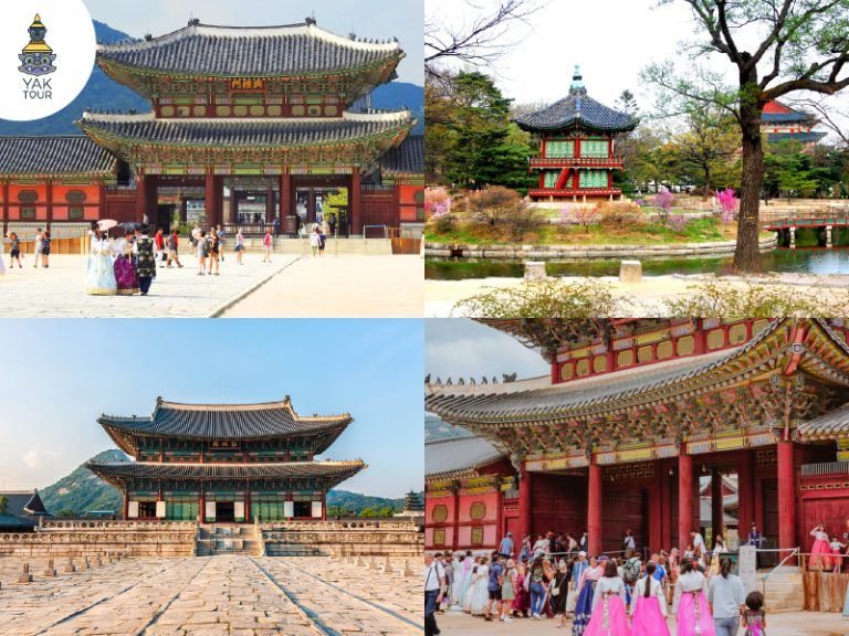 สถาปัตยกรรมพระราชวังเกาหลีโบราณ พร้อมกลุ่มนักท่องเที่ยวที่สวมชุดฮันบกเดินชมความสวยงามภายในพระราชวังเคียงบกกุง