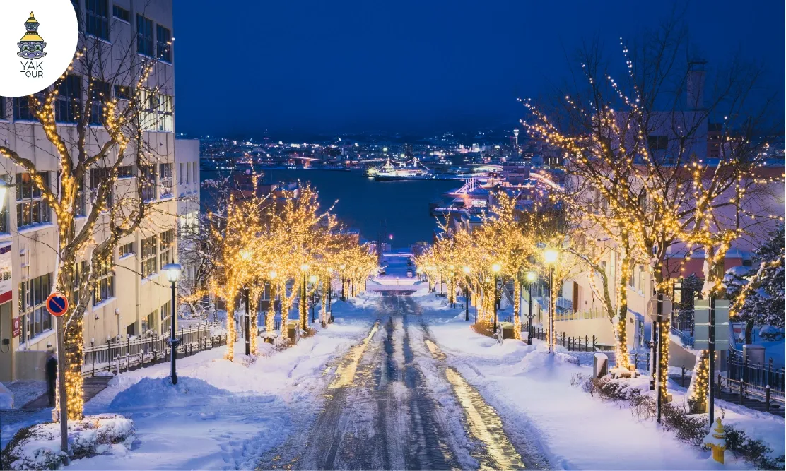 ถนนลาดชันเนินฮาจิมันซากะประดับไฟ Illumination สวยงามมุ่งหน้าสู่ท่าเรือ