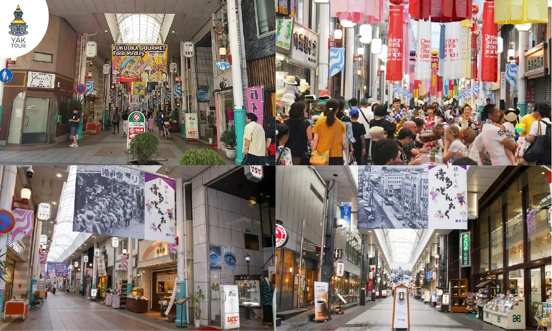 บรรยากาศนักท่องเที่ยวเดินเลือกซื้อของและงานเทศกาลท้องถิ่นที่ ถนนคนเดินฮากาตะ คาวาบาตะ (Hakata Kawabata Shopping Street)