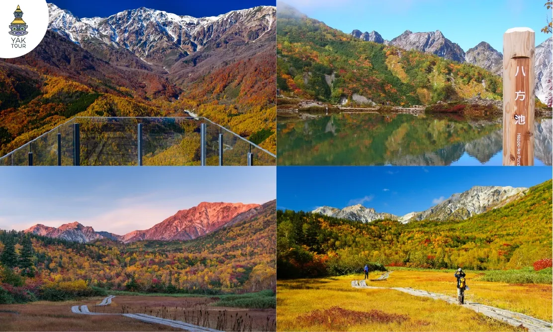 วิวซันดันโคโยจากระเบียง Mountain Harbor และใบไม้เปลี่ยนสีที่บึงฮัปโป (Happo Pond)