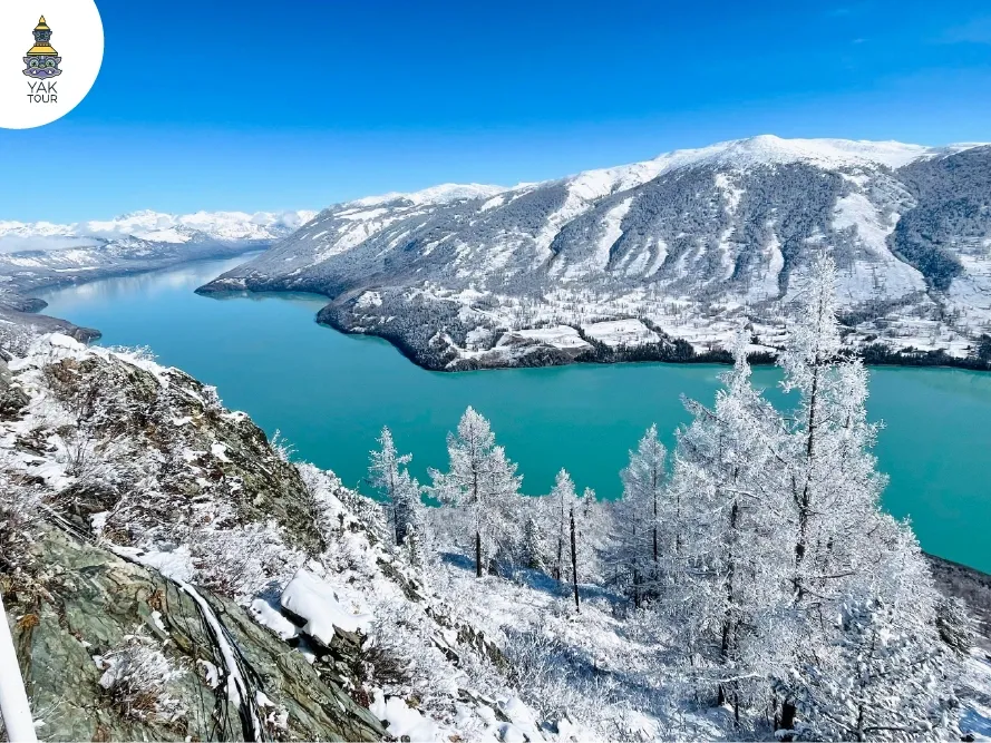 ทะเลสาบคานาสือสีเทอร์ควอยซ์และต้นไม้ที่ถูกปกคลุมด้วยหิมะขาวโพลน