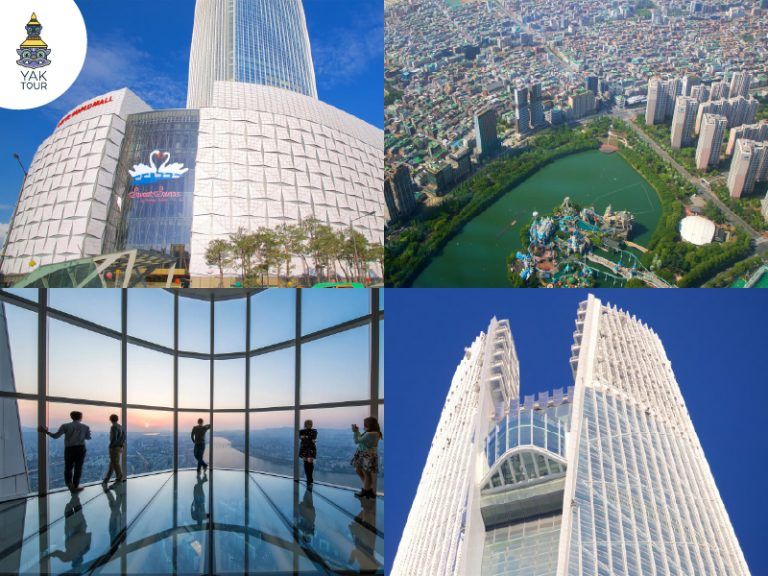 สถาปัตยกรรมตึกที่สูงที่สุดในเกาหลีใต้และทัศนียภาพพาโนรามาของสวนสนุก Lotte World จากมุมสูง รวมถึงโซนกระจกใส Seoul Sky ยามพระอาทิตย์ตก