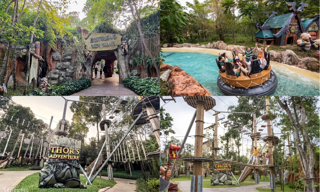 ป้ายทางเข้าโซน Mysterious Viking Village กิจกรรมล่องเรือในแม่น้ำไวกิ้ง และเครื่องเล่นแนวผจญภัย Thor's Adventure