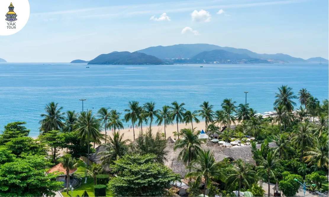 วิวชายหาดญาจางโค้งยาว น้ำทะเลสีฟ้าตัดกับทรายขาวและทิวต้นมะพร้าว