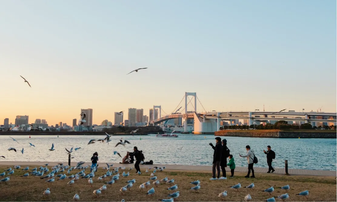 วิวชายหาดจำลองช่วงพระอาทิตย์ตกดินมองเห็นสะพานสายรุ้งที่โอไดบะ