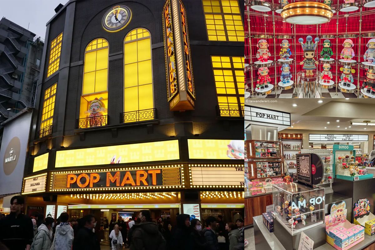 ภาพบรรยากาศหน้าร้านที่โดดเด่นด้วยแสงไฟยามค่ำคืนและการจัดแสดงโมเดลอาร์ตทอยในตู้กระจกสุดอลังการ ณ ประเทศไต้หวัน