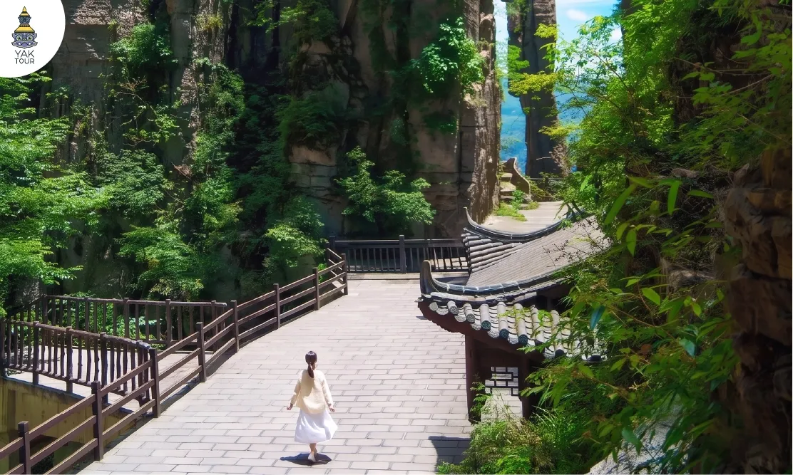 ทางเดินชมธรรมชาติผ่านสะพานชิงหลง ท่ามกลางหุบเขาสูงชันและวิวทิวทัศน์จีนโบราณ