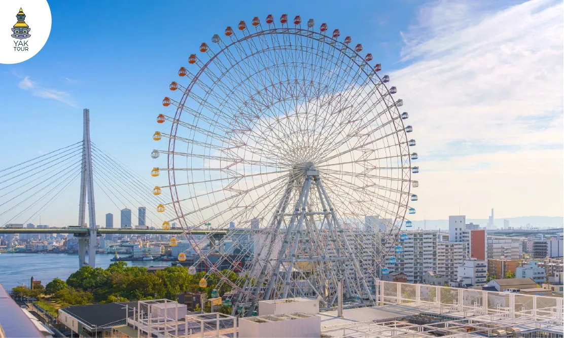 วิวชิงช้าสวรรค์เท็มโปซานสีรุ้งริมอ่าวโอซาก้าในวันที่ฟ้าใส