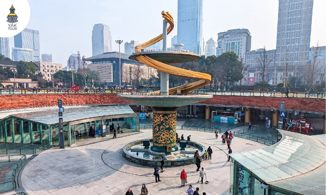 บรรยากาศใจกลางเมืองและน้ำพุที่จัตุรัสเทียนฝู ที่เที่ยวเฉิงตู หน้าหนาว จุดศูนย์กลางการคมนาคม