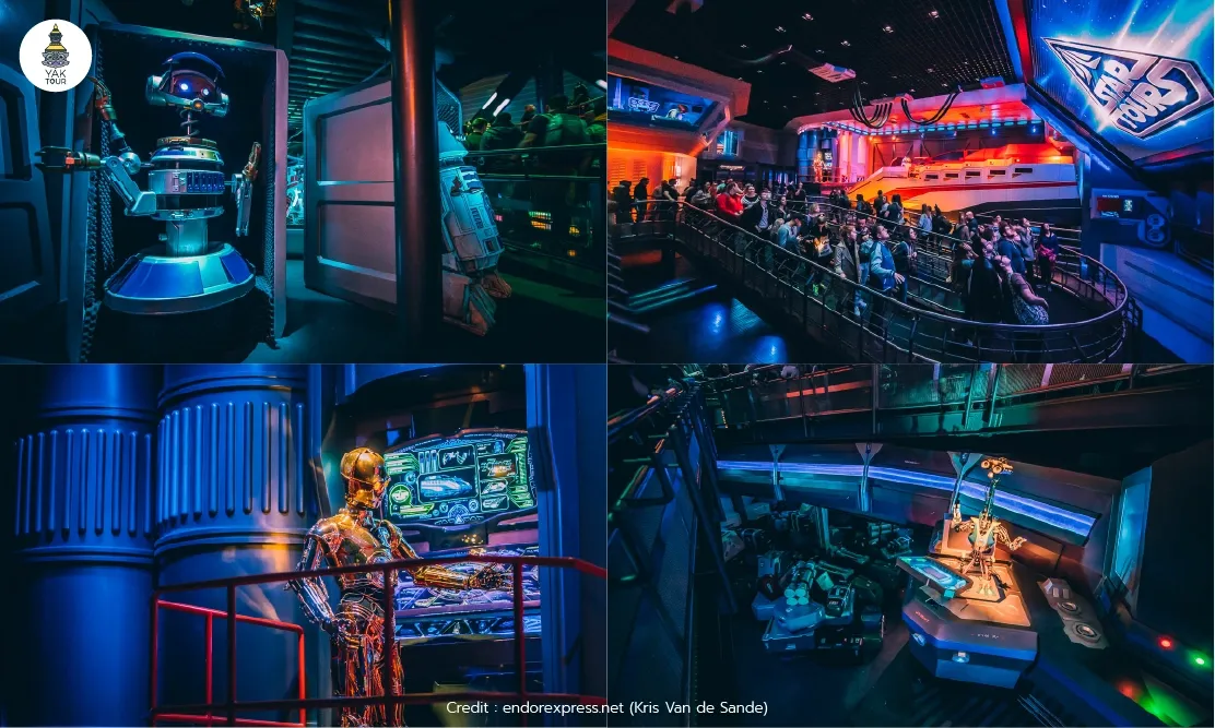บรรยากาศหุ่นยนต์และเทคโนโลยีล้ำสมัยภายในเครื่องเล่น Star Tours โซน Tomorrowland