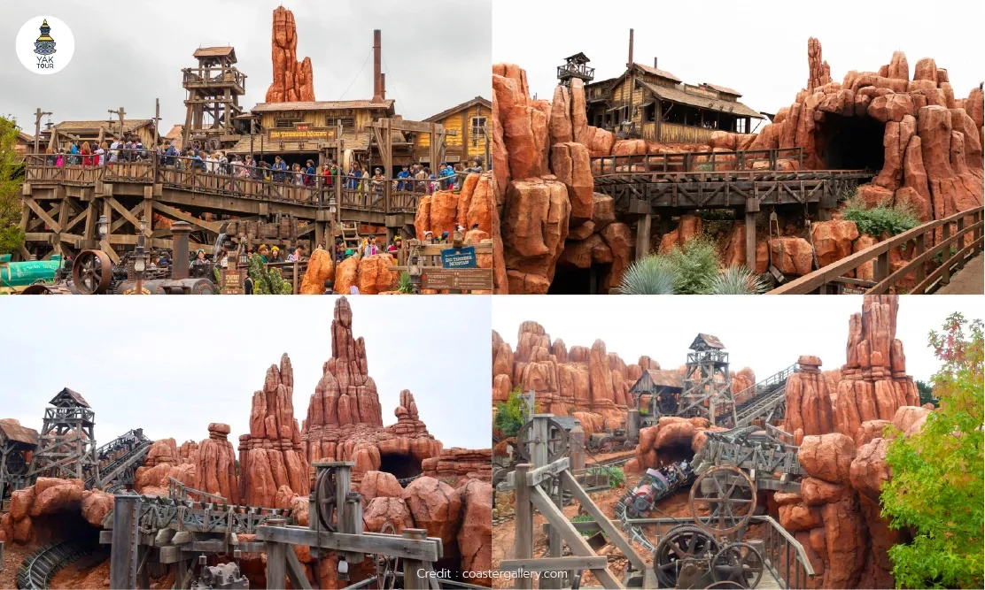 บรรยากาศหุบเขาจำลองและรถไฟเหาะเหมืองแร่ Big Thunder Mountain ในโซน Westernland