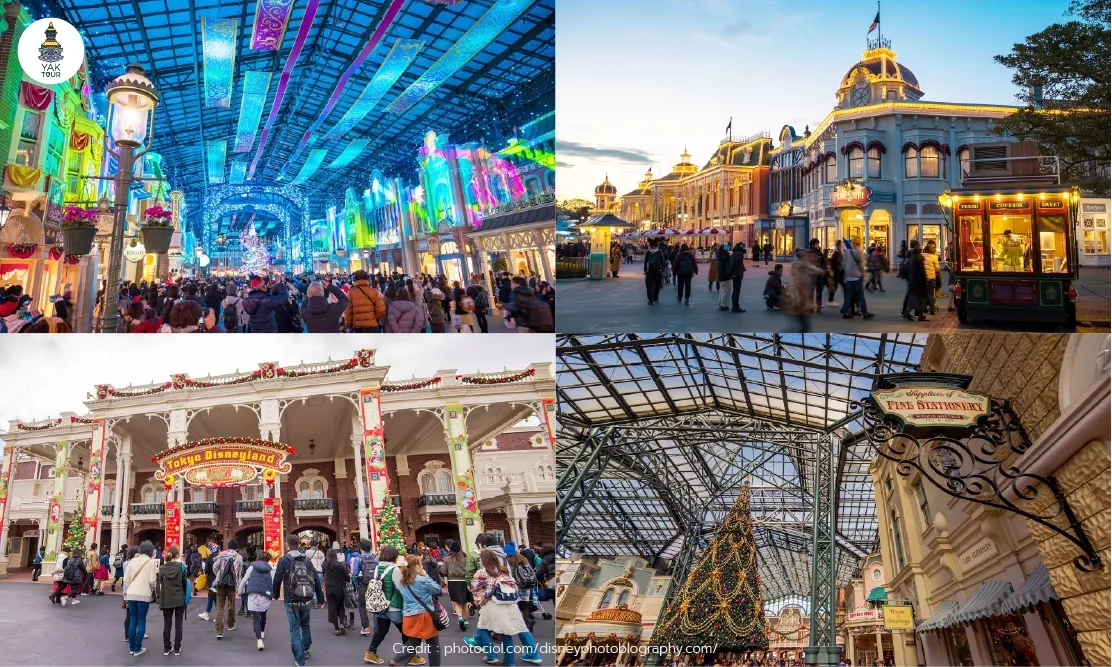 บรรยากาศอาคารสไตล์วิคตอเรียและร้านค้าในโซน World Bazaar ของ โตเกียวดิสนีย์แลนด์