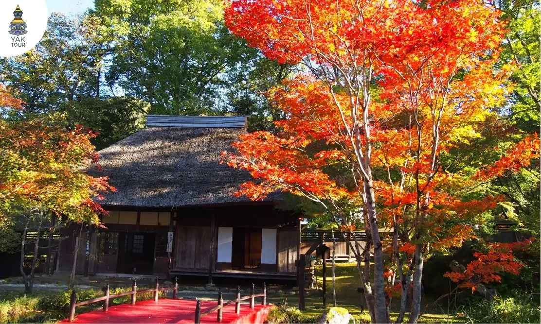 บ้านโบราณในหมู่บ้านยุนนิชิกาวะ ออนเซ็น ช่วงใบไม้ร่วง