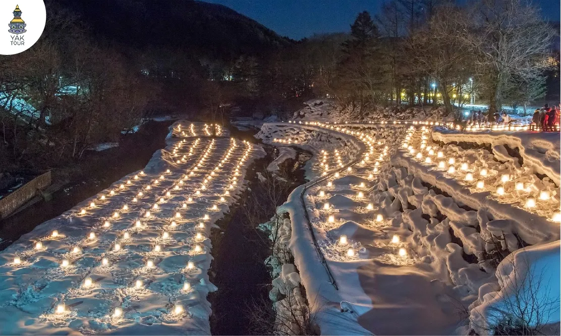 เทศกาลประดับไฟหิมะยามค่ำคืนที่หมู่บ้านยูนิชิงาวะ ออนเซ็น (Yunishigawa Onsen) พิกัด Nikko